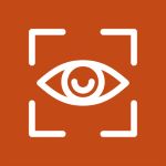 White icon of human eye in a focus square depicting attention on a piece of content
